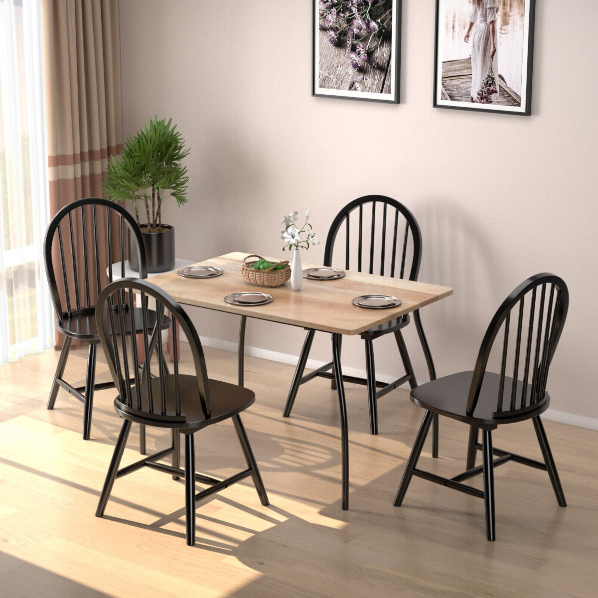 2 Piece Wooden Kitchen Dining chairs with High Spindle Back-Black
